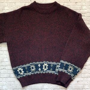Men's Burgundy Knit Sweater with Aztec Patterned Hem